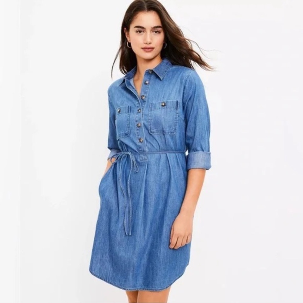 LOFT Chambray Pocket Blue Shirtdress